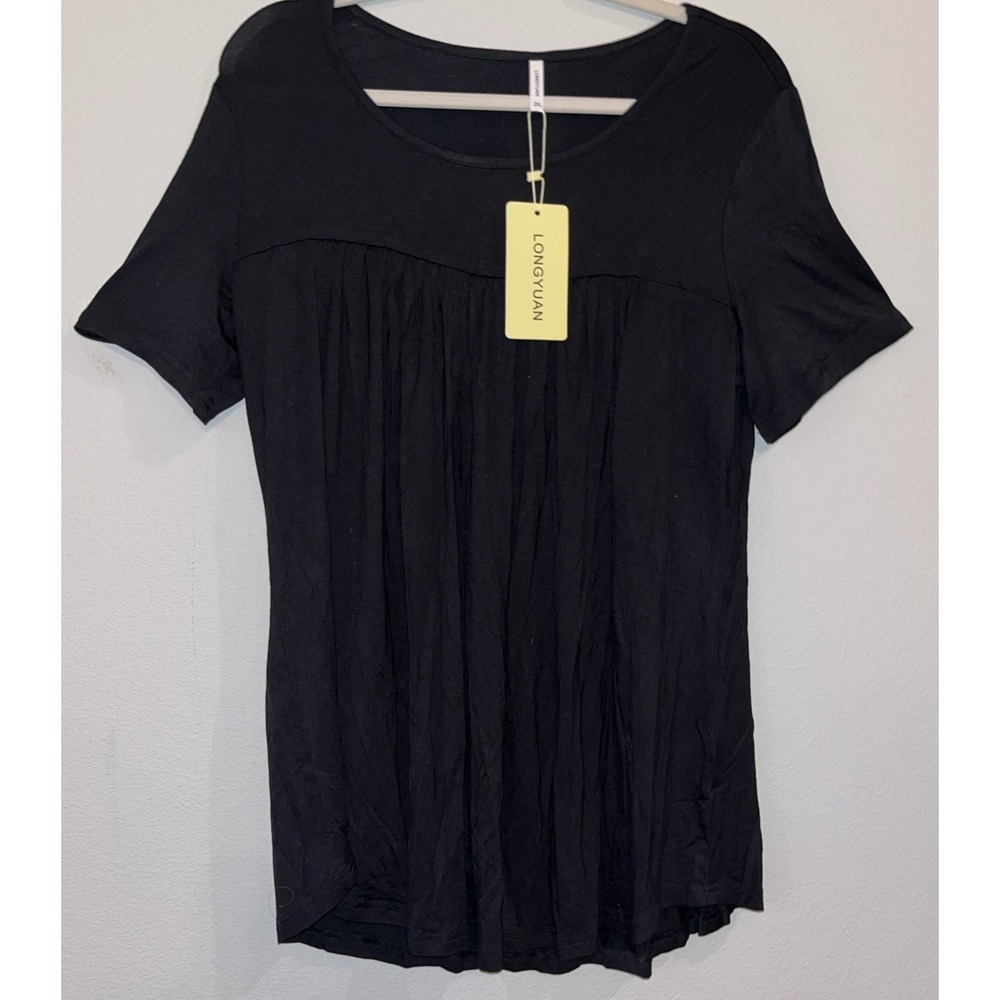 Women's SIZE 2XL Black Solid Tunic Soft Short Sleeve Top Longyuan Casual G30